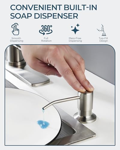 FORIOUS Kitchen Faucet with Soap Dispenser, Burhsed Nickel Stainless Steel Single Handle Modern Spring Commercial Sink Faucet with Pull Down Sprayer for RV Camp Bar Farmhouse