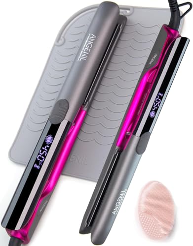 ANGENIL Pro Titanium Flat Iron Hair Straightener and Curler 2 in 1, Dual Voltage - Hair Straightening Ceramic Flat Iron 1-inch with Anti-Scald Heat Resistant Silicone Mat Facial Cleansing Brushes, Lcd