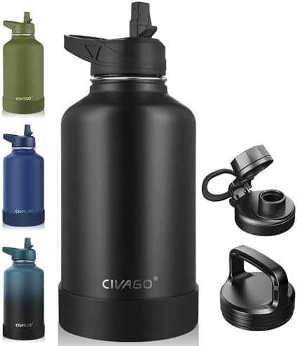 CIVAGO 64 oz Insulated Water Bottle With Straw, Half Gallon Stainless Steel Sports Water Flask Jug with 3 Lids (Straw, Spout and Handle Lid), Large Metal Thermal Cup Mug, Midnight Black