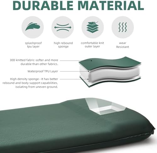 INVOKER 3.15" Self Inflating Camping Sleeping Pad, Ultra-Thick Elasticity Foam Fast Inflating 4-Season Insulated Durable Camping Mat Air Mattress with Pillow, for Tent, Car, Camping, Traveling, Green