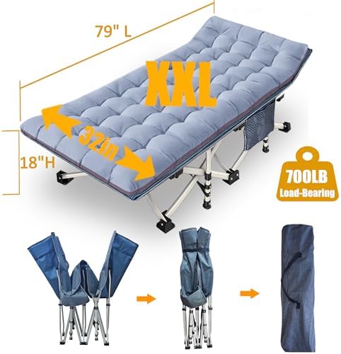 79" L x 32" W x 18" H Oversize XXL Camping Cot with Comfortable Mattress for Adults Extra Wide Cots for Sleeping Folding Cot Camping Bed Heavy Duty with Carry Bag for Home Office Outdoor