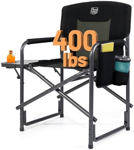 TIMBER RIDGE Aluminum Oversized Camping Chair, Lightweight Portable Directors Chair with Side Table Detachable Side Pocket for Outdoor Camping, Lawn, Picnic, Support 400lbs Black