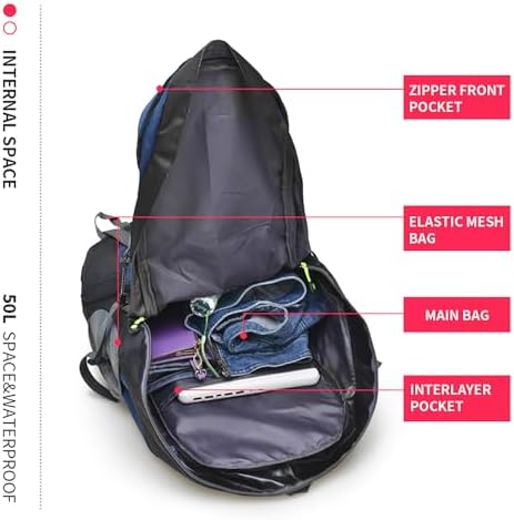 Bseash 50L Hiking Backpack, Water Resistant Lightweight Outdoor Sport Daypack Travel Bag for Camping Climbing Skiing Cycling (Navy Blue - With Shoe Compartment)