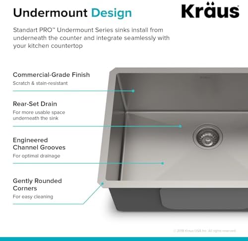 KRAUS Standart PRO 28-inch 16 Gauge Undermount Single Bowl Stainless Steel Kitchen Sink, KHU100-28