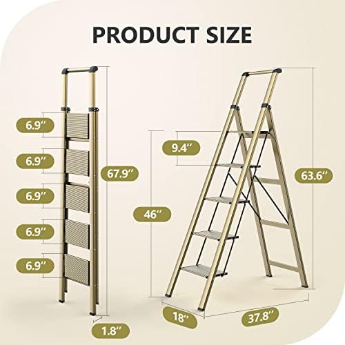 WOA WOA 5 Step Ladder, Ladders for Home, Anti-Slip Pedals, Aluminum Step Stool Foldable, Lightweight to Move, Ease of Storage, Reach 10ft for Closet Kitchen Library, Hold 300lbs - Gold