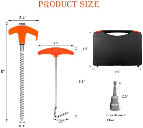 8" Tent Stakes Heavy Duty 12 Pack, Screw in Tent Stakes, Metal Threaded Camping Stakes, Ground Anchors for Canopies, Gardening and Inflatable Decor, with Hex Socket, Stake Puller and Storage Box