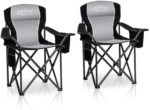 2PCS Folding Camping Chair Portable Outdoor Heavy Duty Padded Chairs Lawn Chair with Cup Holder, Storage Pocket and Cooler Bag, Supports 450LBS Black