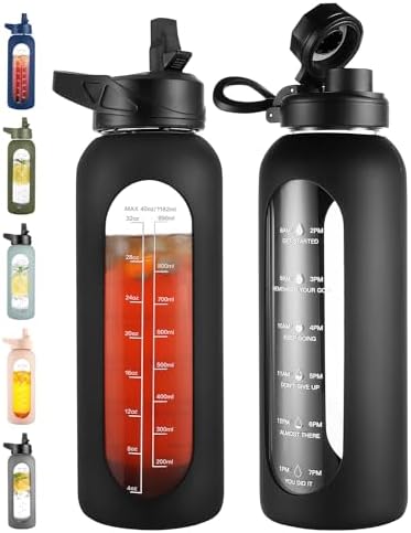 CIVAGO 40 oz Glass Water Bottle with Straw and Handle, Large Sports Motivational Water Bottle Flask with Time Marker and 2 Lids, Leakproof Water Jug Canteen with Silicone Sleeve for Gym,Black