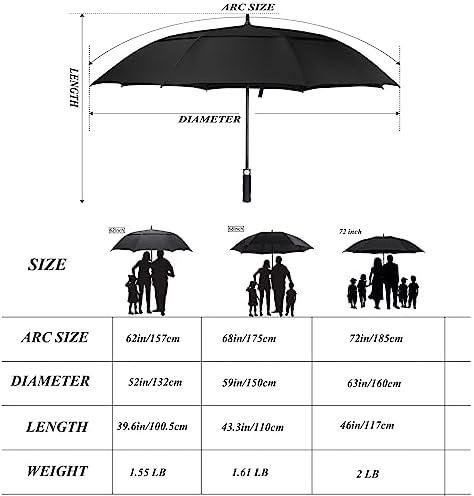 Golf Umbrella Large 58/62/68 Inch Automatic Open Golf Umbrella Extra Large Oversize Double Canopy Vented Umbrella Windproof Waterproof for Men and Women