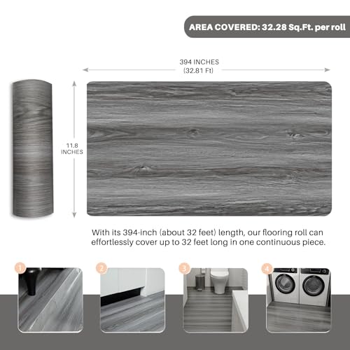 Wood Grain Peel and Stick Floor Tiles – 11.8” Width, Full Roll Length of 394" – Versatile Design for Any Space, Grey Self Adhesive Vinyl Flooring, Waterproof and Non-Slip Features