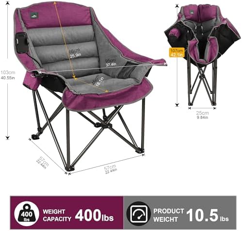 Oversized XL Padded Camping Chair w/Cell Phone Holder, Large Camp Lounge Chair, Foldable Lawn Chair w/Cup Holder,Carry Bag for Outdoor Hiking, Beach, Picnics, Heavy-Duty 400-lbs Capacity