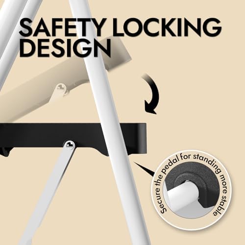 KINGRACK 4 Step Folding Ladder, 900 lbs Load Capacity, Non-Skid Large Pedals, Handrail, Safety Lock, Sturdy Step Stool for Home, Office, Garden, Multi-Purpose, White