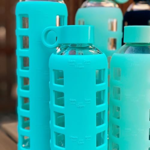 purifyou 40/32/22/12 oz Borosilicate Glass Water Bottles with Volume Markers, Silicone Sleeve, Stainless Steel Lid, Reusable Bottle for Water, Juice, Gym, and Fridge Storage (32oz Aqua Blue)