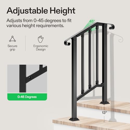 VIVOSUN Outdoor Handrail, 2 Step Stair Handrail, 26" x 36" Fits 1 to 2 Steps, Wrought Mattle Iron Stair Railing with Curved Ends and Balusters for Concrete Steps, Porch Steps, One-step Assembly, Black