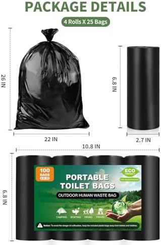 100 Portable Toilet Bags Thick Biodegradable Camping Toilet Bags for Portable Potty, 8 Gal Compost Toilet Waste Bag for 5 Gallon Bucket Toilet Seat Adults Outdoor, 1.1 Mil