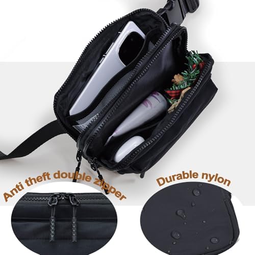 Crossbody Bags for Women & Fanny Pack for Men, Lightweight Adjustable Strap Belt Bag for Travel, Running, Hiking with Multiple Pockets, Black