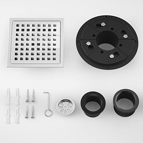 EXF 6 Inch Square Shower Drain Chrome, Stainless Steel Shower Floor Drain Kit with ABS Flange, Removable Grid Cover, Hair Strainer