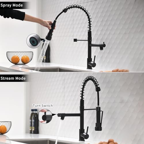 AIMADI Black Kitchen Faucet with 2 Function Sprayer,Commercial Stainless Steel Single Handle Single Hole Spring Matte Black Kitchen Faucet