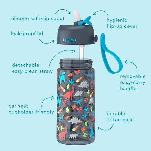 Bentgo Kids Water Bottle - Leak-Proof, Durable Tritan, BPA-Free 15 oz. Cup for Kids/Toddlers Ages 3+, Safe Sip Spout, Carrying Handle, & Dishwasher Safe for School, Sports, Daycare & Camp (Dinosaur)