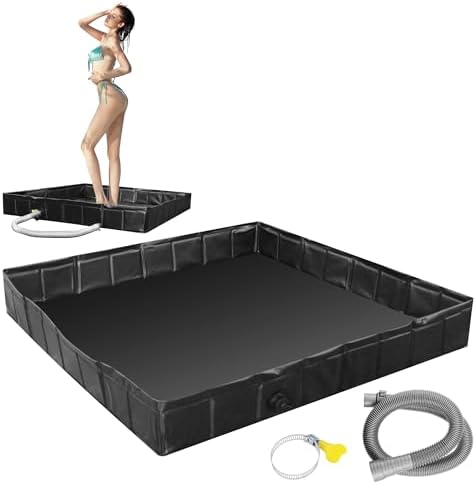 41"x41"x5" Portable Shower Pan Camping Shower Base Collapsible Temporary Shower Stall with Drain Hose Durable Foldable Basin for RV Outdoor Bathing Pets Tent Indoor Outdoor Use