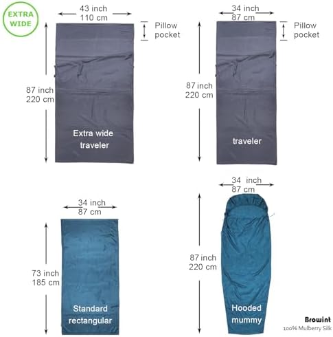 Browint Silk Sleeping Bag Liner, Silk Sleep Sack, Extra Wide 87"x43", Lightweight Travel Sheet for Hotels, More Colors for Option, Reinforced Gussets