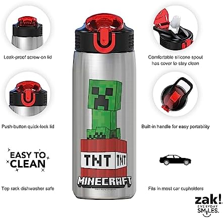 Zak Designs - MICI-V151 27oz Minecraft 18/8 Stainless Steel Water Bottle with Flip-up Straw Spout and Locking Spout Cover, Durable Cup for Sports or Travel (27oz, Minecraft Creeper)