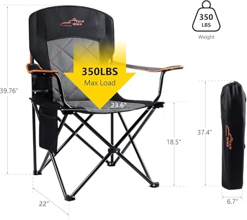 FAIR WIND 2 Pack Oversized Fully Padded Camping Chair Heavy Duty Quad Fold Arm Chair Support 350 LBS with Cup Holder, Collapsible Lumbar Back Chair Portable for Outdoor, Black