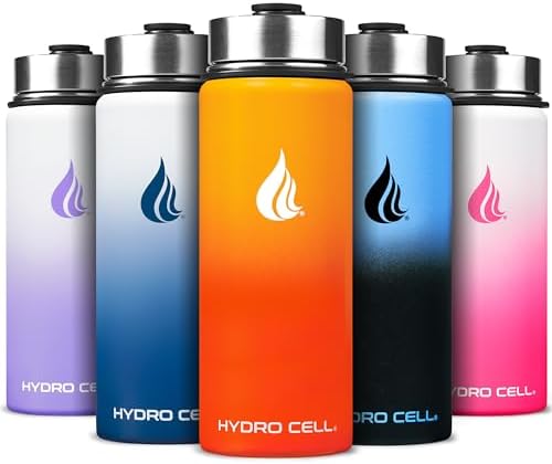 HYDRO CELL Stainless Steel Insulated Water Bottle with Straw - For Cold & Hot Drinks - Metal Vacuum Flask with Screw Cap and Modern Leakproof Sport Thermos for Adults (Red/Orange 18oz)