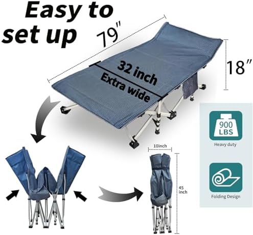 Oversize Camping Cot Extra Wide 32" Cots for Sleeping with Comfortable Mattress for Adults XXL Cots for Camping Folding Camping Bed Heavy Duty Guest Bed with Carry Bag for Indoor Outdoor Easy Setup