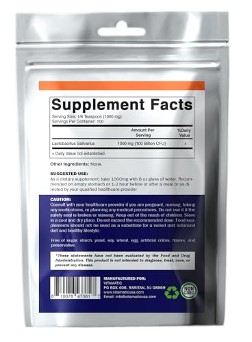 Vitamatic Lactobacillus Salivarius Probiotic Powder - Digestive Support - 100 Gram (3.5 OZ) - 100 Servings