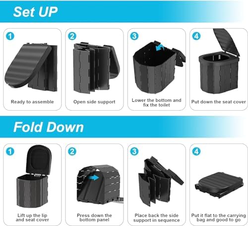 Portable Toilet for Camping, Portable Toilet for Adults, Portable Potty for Adults, Folding Waterproof Porta Potty for Camping, Car, Bucket, Travel, Outdoor, Hiking, Trips, Boat, Beach, Tent (Black)