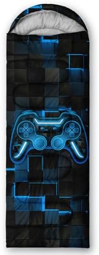 Axolotl Gamepad Sleeping Bag,3 Season Warm and Cool Weather Game Console Sleeping Bag for Boys Teens,Waterproof Lightweight Geometry Hexagonal Sleeping Bag for Traveling,Outdoors Camping,Blue,Black
