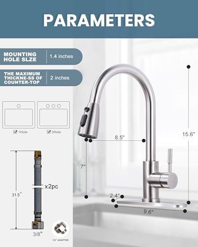 WOWOW Kitchen Faucet with Sprayer, Kitchen Sink Faucet, SUS 304 Stainless Steel, High Arc Single Handle Brushed Nickel Kitchen Faucets with Pull Down Sprayer, Pull Out Kitchen Faucet with Deck Plate