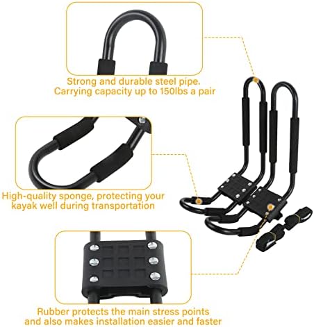 Kayak Roof Rack 2 Pairs J-Bar Carrier Holder for Canoe, SUV, Cars, Truck, Surf Ski, Car Top Mount Racks for Trip, Set of 4