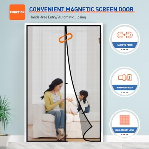MAGZO Magnetic Screen Door Fit Door Size 60 x 96 Inch, Screen Size 62" x 97" Strong Magnet French Door Screen, Heavy Duty Fiberglass Door Mesh with Hook & Loop for Sliding Door, Gray