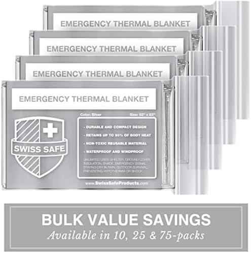 Swiss Safe Emergency Mylar Thermal Blankets + Bonus Space Blanket - Compact & Insulated for Cold Weather - Designed for NASA, Outdoor Camping, Survival, First Aid Car Kit - Silver, 25 Pack