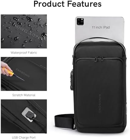 Kingsons Anti-theft Sling Backpack with Lock& Charger for Men, Small Black Casual Crossbody Bag, Mini Lightweight Chest Ipad Daypack for Travel Cycling Hiking