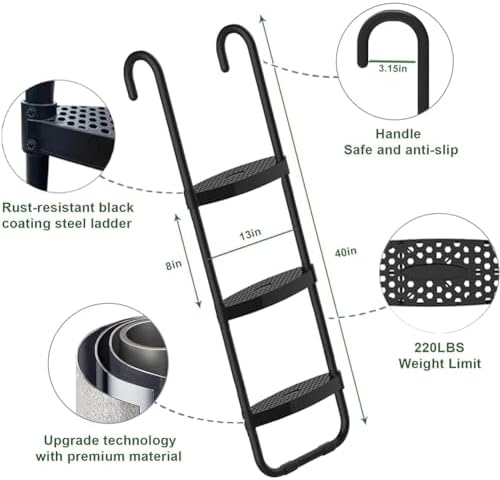 Eurmax USA Universal Easy-to-Assemble Trampoline Ladder, 3 Steps with Wide Steps, Storage Bag, 220 lbs Capacity Trampoline Accessories for Children Kids, Black