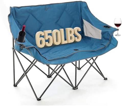 ARROWHEAD OUTDOOR Portable Folding Double Duo Camping Chair Loveseat w/ 2 Cup & Wine Glass Holder, Heavy-Duty Carrying Bag, Padded Seats & Armrests, Supports up to 650lbs, USA-Based Support