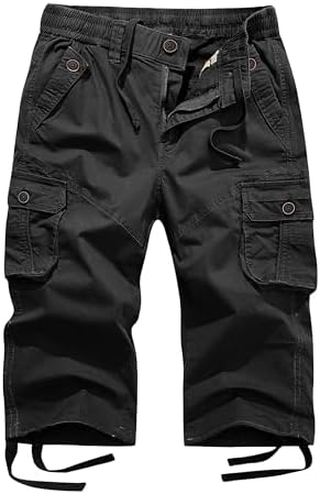 FOURSTEEDS Women's Mid Rise Cotton Capri Hiking Shorts Drawstring Multi Pocket Cargo Shorts Elastic Waist Cropped Cargo Pants