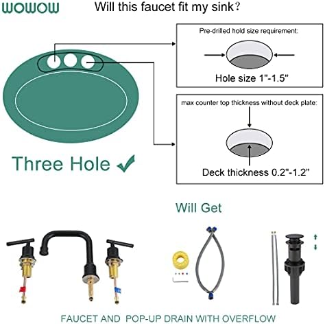 WOWOW Two Handles Widespread 8 inch Bathroom Faucet Black 3 Pieces Basin Faucets 360 Degree Swivel Spout Lavatory Sink Faucet