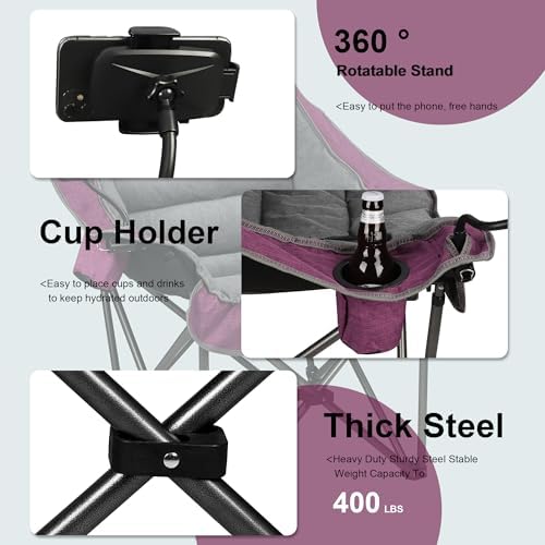 Oversized XL Padded Camping Chair w/Cell Phone Holder, Large Camp Lounge Chair, Foldable Lawn Chair w/Cup Holder,Carry Bag for Outdoor Hiking, Beach, Picnics, Heavy-Duty 400-lbs Capacity