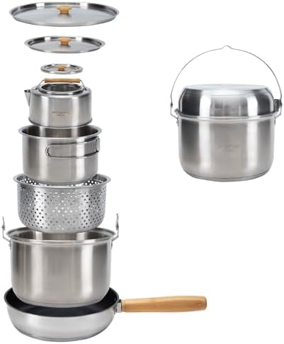 KingCamp Camping Cookware Set 304 Stainless Steel Campfire Cooking Pots Pan and Kettle with Travel Tote Bag for Camping Outdoor Kitchen Cooking Picnic for 4-6