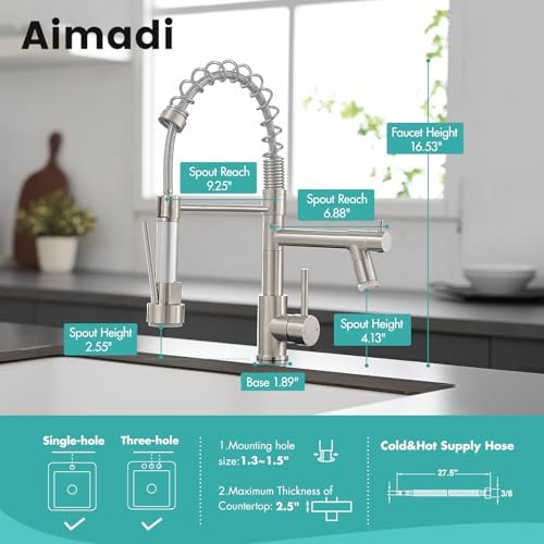 AIMADI Commerical Kitchen Faucet with Sprayer,Single Handle Pull Down Sprayer Kitchen Sink Faucet with LED Light Two Spout,Brushed Nickel