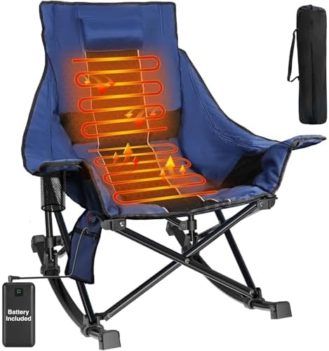 Slendor Oversized Rocking Camping Chair, XL Heated Camping Chair w/ 3 Levels Heat for Back+Seat, Padded Rocking Lawn Chair with 20000 mAh Power Bank, Pillow, Side Pocket, Carry Bag, Navy Blue