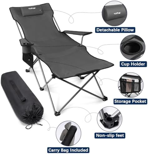 apollo walker Camping Chairs for Adults - 6 Legged Beach Chair with Foot Rest, Adjustable 90° - 135° Reclining Lounge Chair Outdoor, Folding Chairs for Outside with Detachable Pillow & Carry Bag Grey