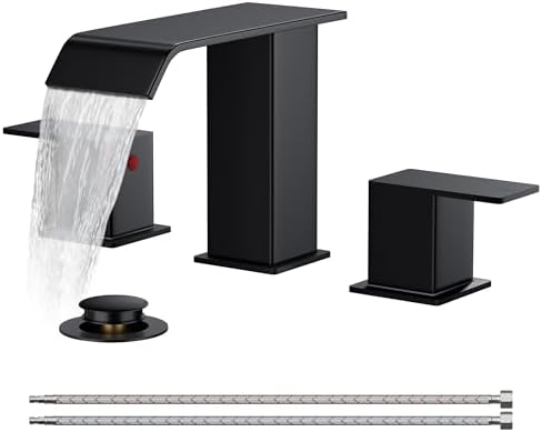 FORIOUS Matte Black Waterfall Bathroom Faucets 3 Hole, 8 Inch Widespread 2 Handles Bathroom Sink Faucet with Pop-up Drain and Flexible Hot and Cold Water Hoses, Suitable for Vanity RV Restroom