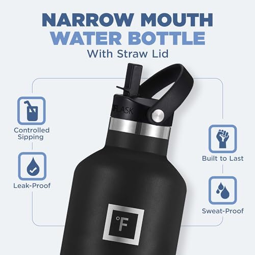 IRON °FLASK Camping & Hiking Hydration Canteens - 3 Lids (Narrow Straw Lid) Leak Proof Vacuum Insulated Stainless Steel - Hot & Cold Double Walled Sports Water Bottle - Midnight Black, 32 Oz