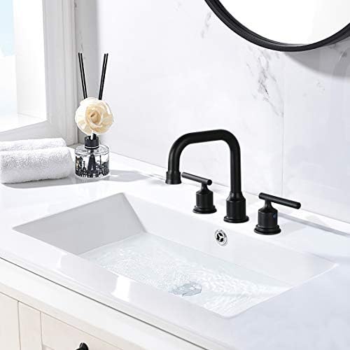 WOWOW Two Handles Widespread 8 inch Bathroom Faucet Black 3 Pieces Basin Faucets 360 Degree Swivel Spout Lavatory Sink Faucet