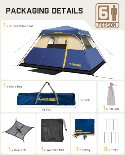 FanttikOutdoor Camping Tent 4/6/8/10 Person Instant Cabin Tent Setup in 60 Seconds with Rainfly & Windproof Portable with Carry Bag for Family Camping & Hiking, Upgraded Ventilation